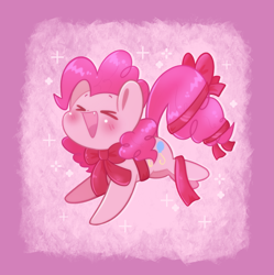 Size: 2873x2883 | Tagged: safe, artist:typhwosion, pinkie pie, earth pony, pony, g4, :d, ><, cute, cute little fangs, diapinkes, eyes closed, fangs, high res, open mouth, open smile, ribbon, smiling, solo, sparkles