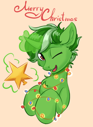 Size: 1472x2000 | Tagged: safe, artist:kittytitikitty, oc, oc only, oc:genesis miner, pony, unicorn, christmas, christmas lights, holiday, horn, magic, one eye closed, solo, stars, telekinesis, unicorn oc