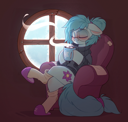 Size: 1697x1629 | Tagged: safe, artist:rexyseven, oc, oc only, oc:whispy slippers, earth pony, pony, blushing, chair, clothes, cozy, drink, earth pony oc, eyes closed, female, floppy ears, mare, mug, sitting, slippers, socks, solo, sweater, window, winter