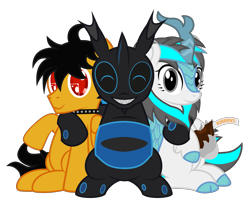 Size: 2073x1722 | Tagged: safe, artist:wheatley r.h., derpibooru exclusive, oc, oc only, oc:blizzard flare, oc:rito, oc:w. rhinestone eyes, changeling, honeypot changeling, kirin, pegasus, pony, 2023 community collab, derpibooru community collaboration, automata, blue changeling, changeling oc, chocolate, cloven hooves, eyes closed, female, folded wings, food, happy, kirin oc, male, mare, pegasus oc, simple background, stallion, transparent background, trio, vector, wings
