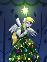 Size: 2250x3000 | Tagged: safe, artist:darksly, derpy hooves, pegasus, pony, a hearth's warming tail, g4, christmas, christmas lights, christmas tree, cute, derpabetes, derpy being derpy, derpy star, female, high res, holiday, mare, open mouth, solo, stars, tree