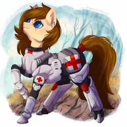 Size: 4000x4000 | Tagged: safe, artist:dragonrisestudio, oc, oc only, oc:dusty heartwood, earth pony, pony, fallout equestria, armor, blue eyes, brown mane, fallout, hair over one eye, halo (series), medic, scar