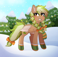 Size: 2678x2614 | Tagged: safe, artist:emera33, oc, oc only, oc:sylvia evergreen, pegasus, pony, boots, braid, braided pigtails, chest fluff, clothes, ear fluff, female, forest, freckles, hair tie, high res, looking at you, mare, pegasus oc, pigtails, scarf, secret santa, shoes, smiling, snow, solo, tree, wings