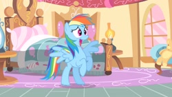 Size: 2560x1440 | Tagged: safe, screencap, rainbow dash, pegasus, pony, g4, party of one, season 1, bed, female, open mouth, solo