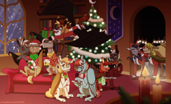 Size: 2352x1429 | Tagged: safe, artist:inuhoshi-to-darkpen, oc, oc only, bat pony, pegasus, pony, bat pony oc, bookshelf, candle, christmas, christmas lights, christmas tree, clothes, couch, door, holiday, open mouth, present, scarf, striped scarf, tree, window