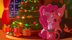 Size: 1920x1080 | Tagged: safe, artist:ace play, pinkie pie, oc, oc:ace play, earth pony, pony, g4, blushing, canon x oc, christmas, christmas lights, christmas tree, clothes, duo, facial hair, female, goatee, holiday, male, mare, mug, pinkieplay, plushie, present, scarf, shared clothing, shared scarf, shipping, sitting, smiling, snuggling, stallion, straight, striped scarf, tree