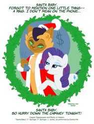 Size: 680x900 | Tagged: safe, artist:tim-kangaroo, capper dapperpaws, rarity, abyssinian, pony, unicorn, g4, bag, capperity, chest fluff, christmas, christmas wreath, clothes, costume, duo, female, hat, holiday, looking at each other, looking at someone, male, money bag, santa baby, santa costume, santa hat, shipping, simple background, smiling, straight, white background, wreath