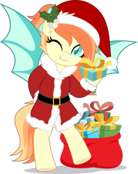Size: 3959x5000 | Tagged: safe, artist:jhayarr23, oc, oc only, oc:sunshine drift, bat pony, pony, bag, bat pony oc, bat wings, bipedal, christmas, clothes, commission, costume, fangs, female, hat, holding a present, holiday, looking at you, mare, mistleholly, one eye closed, one eye open, present, santa costume, santa hat, santa sack, simple background, smiling, smiling at you, solo, spread wings, transparent background, wings, wink, winking at you, ych result