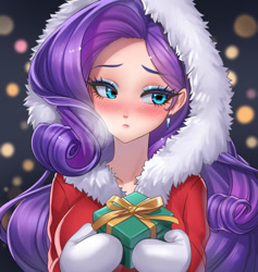 Size: 800x844 | Tagged: safe, alternate version, artist:racoonsan, rarity, human, beautiful, blurry background, blushing, breasts, christmas, clothes, ear piercing, earring, eyebrows, eyebrows visible through hair, female, gloves, holiday, humanized, jewelry, looking at you, mittens, open mouth, piercing, present, solo