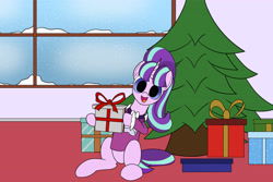 Size: 4890x3265 | Tagged: safe, artist:suryfromheaven, snowfall frost, starlight glimmer, pony, unicorn, g4, christmas, christmas tree, gift giving, holiday, looking at you, present, sitting, smiling, smiling at you, snow, snowfall, solo, tree, window