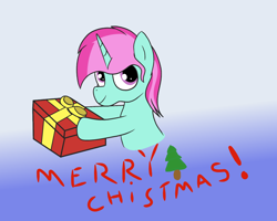 Size: 1200x960 | Tagged: safe, artist:amateur-draw, oc, oc only, oc:belle boue, pony, unicorn, christmas, gradient background, holiday, male, misspelling, present, solo, stallion