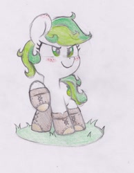 Size: 1508x1945 | Tagged: safe, artist:foxtrot3, oc, oc only, oc:karakusa, earth pony, pony, boots, clothes, determined look, female, filly, foal, grass, pose, raised hoof, shoes, smiling, solo, traditional art