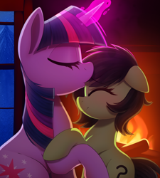 Size: 2700x3000 | Tagged: safe, artist:thebatfang, twilight sparkle, oc, oc:filly anon, earth pony, pony, unicorn, g4, blushing, cute, duo, duo female, female, filly, fire, fireplace, floppy ears, foal, forehead kiss, glowing, glowing horn, high res, horn, kissing, magic, platonic kiss, unicorn twilight, window