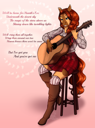 Size: 2560x3440 | Tagged: safe, artist:blackblood-queen, oc, oc only, oc:honeypot meadow, earth pony, anthro, unguligrade anthro, acoustic guitar, anthro oc, bar stool, christmas, clothes, commission, digital art, earth pony oc, female, guitar, hearth's warming eve, high res, holiday, mare, music, musical instrument, singing, sitting, smiling, solo