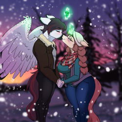 Size: 2000x2000 | Tagged: safe, artist:kennzeichen, oc, oc only, oc:céline actias, oc:pyry, pegasus, unicorn, anthro, unguligrade anthro, anthro oc, christmas, clothes, commission, couple, digital art, duo, eyes closed, female, glasses, glowing, glowing horn, hat, hearth's warming, hearth's warming eve, high res, holiday, horn, jacket, magic, male, mare, mistletoe, oc x oc, pants, pegasus oc, scarf, shipping, smiling, snow, snowfall, stallion, straight, unicorn oc, winter hat