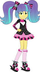 Size: 1801x3243 | Tagged: safe, artist:sketchmcreations, pixel pizazz, human, equestria girls, g4, bow, clothes, commission, dress, female, hair bow, hand on hip, looking at you, pigtails, simple background, smiling, socks, solo, transparent background, twintails, vector