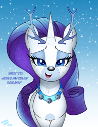 Size: 1400x1801 | Tagged: safe, artist:lennonblack, rarity, deer, deer pony, original species, pony, reindeer, unicorn, g4, antlers, bedroom eyes, bell, bell collar, bells, christmas, collar, cute, darling, dialogue, female, freckles, holiday, jingle bells, looking at you, mare, neck fluff, open mouth, open smile, raribetes, rarideer, reindeerified, smiling, solo, species swap, talking to viewer, text