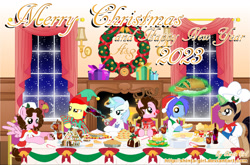 Size: 1797x1186 | Tagged: safe, artist:shinta-girl, oc, oc only, oc:frozen rose, oc:shinta pony, oc:taekwon magic, angel, bird, turkey, aaron pony, antlers, bottle, bread, card, chair, christmas, christmas wreath, dinner, fire, fireplace, food, fork, gingerbread house, glass, group, happy new year, holiday, joshka, knife, merry christmas, pie, plate, present, red nose, salad, sitting, snow, snowfall, table, tongue out, window, wine bottle, wine glass, wreath
