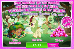 Size: 1965x1298 | Tagged: safe, gameloft, spring glow, kirin, g4, my little pony: magic princess, advertisement, background character, background kirin, bush, cloven hooves, costs real money, english, female, gem, glyph, horn, introduction card, numbers, sale, solo, text