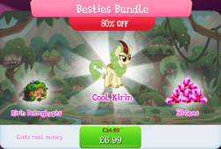 Size: 1270x858 | Tagged: safe, gameloft, spring glow, kirin, g4, my little pony: magic princess, background character, background kirin, bundle, bush, cloven hooves, costs real money, english, female, gem, glyph, horn, numbers, sale, solo, text