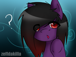 Size: 4000x3000 | Tagged: safe, artist:zeffdakilla, oc, oc only, oc:frankie fang, pegasus, pony, abstract background, black mane, confused, emo, long hair, looking at you, male, purple fur, question mark, raised hoof, red eyes, scene, scene kid, solo