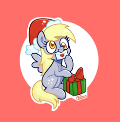 Size: 1934x1962 | Tagged: safe, artist:seasemissary, derpy hooves, pegasus, pony, g4, christmas, hat, holiday, letter, mouth hold, present, red background, santa hat, simple background, solo