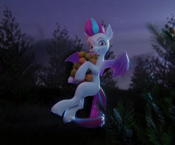 Size: 3332x2768 | Tagged: safe, artist:chyvak, zipp storm, bat pony, pony, g5, 3d, bat ponified, bat zipp, female, food, herbivore, high res, mango, mare, race swap, solo, starry night, stars, tree, unshorn fetlocks, zippbat