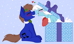 Size: 5015x2955 | Tagged: safe, artist:feather_bloom, oc, oc:blue_skies, oc:feather bloom(fb), oc:feather_bloom, earth pony, pegasus, pony, blushing, bow, bowtie, box, clothes, couple, duo, eyes closed, heart, hearth's warming eve, love, mistletoe, pony in a box, present, simple background, socks