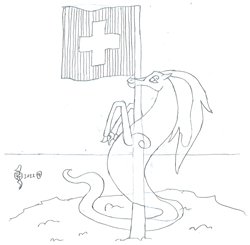 Size: 1972x1932 | Tagged: safe, artist:parclytaxel, oc, oc only, oc:spindle, windigo, ain't never had friends like us, albumin flask, coiling, female, flag, flagpole, floating, jungfrau, lineart, monochrome, mountain, parcly taxel in europe, pencil drawing, smiling, snow, solo, story included, switzerland, traditional art, windigo oc