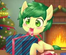 Size: 2420x2022 | Tagged: safe, artist:generalecchi, oc, oc only, oc:emerald mask, pony, christmas, christmas tree, fire, fireplace, high res, holiday, solo, tree