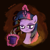 Size: 3000x3000 | Tagged: safe, artist:widelake, twilight sparkle, ambiguous race, pony, g4, black background, bust, dark background, glowing, glowing horn, golden oaks library, high res, horn, library, lidded eyes, magic, magic aura, mug, night, sleepy, solo, telekinesis