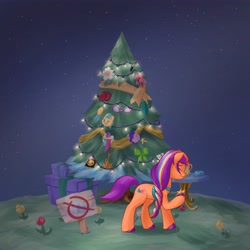 Size: 4096x4096 | Tagged: safe, artist:felldeal, sunny starscout, earth pony, pony, series:daily drawing december, g5, christmas, christmas tree, colored hooves, eyes closed, female, holiday, mane stripe sunny, mare, night, solo, stars, tree