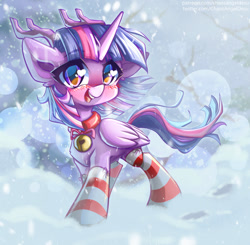 Size: 1050x1029 | Tagged: safe, artist:chaosangeldesu, twilight sparkle, alicorn, pony, g4, bell, bell collar, blushing, christmas, christmas stocking, clothes, collar, cute, holiday, looking at you, smiling, smiling at you, snow, snowfall, socks, solo, striped socks, twilight sparkle (alicorn), winter