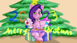 Size: 1920x1080 | Tagged: safe, artist:jbond, pipp petals, pegasus, pony, g5, my little pony: a new generation, adorapipp, bauble, christmas, christmas gift, christmas lights, christmas ornament, christmas tree, cute, decoration, garland, holiday, merry christmas, postcard, present, solo, text, tree