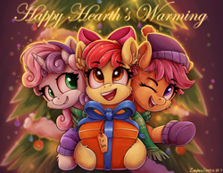 Size: 1439x1119 | Tagged: safe, artist:zeepheru_pone, apple bloom, scootaloo, sweetie belle, earth pony, pegasus, pony, unicorn, adorabloom, bow, cheek fluff, christmas, christmas lights, christmas tree, clothes, cute, cutealoo, cutie mark crusaders, diasweetes, ear fluff, eyebrows, eyebrows visible through hair, female, filly, foal, hair bow, hat, hearth's warming, holiday, looking at you, one eye closed, present, scarf, shared clothing, shared scarf, signature, smiling, sweater, tree, trio, wink