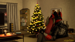 Size: 3840x2160 | Tagged: safe, artist:fireemerald123, oc, oc only, oc:holly berry, oc:page feather, anthro, 3d, candle, christmas, christmas tree, clothes, duo, gun, handgun, high res, holiday, jacket, leather, leather jacket, night, revolver, source filmmaker, tree, vase, voidpunk, watermark