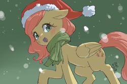 Size: 1800x1200 | Tagged: safe, artist:yanamosuda, fluttershy, pegasus, pony, g4, blushing, christmas, clothes, cute, female, floppy ears, gradient background, hat, holiday, looking at you, mare, open mouth, open smile, santa hat, scarf, shyabetes, smiling, smiling at you, snow, snowfall, solo