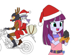 Size: 730x544 | Tagged: safe, artist:uotapo, kimberlite, maud pie, sunset shimmer, human, equestria girls, g4, christmas, clothes, costume, hat, helmet, holiday, motorcycle, santa costume, santa hat, smiling