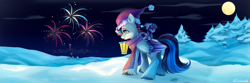 Size: 6000x2000 | Tagged: safe, artist:neonishe, twilight sparkle, zipp storm, alicorn, pegasus, pony, g5, clothes, colored, colored wings, commission, complex background, fireworks, hat, lamp, lantern, lighting, moon, multicolored wings, night, outdoors, plushie, pony plushie, scarf, shading, snow, solo, twilight sparkle (alicorn), unshorn fetlocks, wings, winter, winter hat