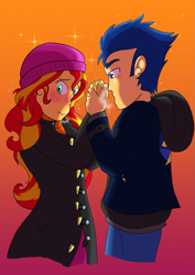 Size: 2895x4092 | Tagged: safe, artist:lmcrook, flash sentry, sunset shimmer, human, equestria girls, g4, blushing, clothes, female, gradient background, male, ship:flashimmer, shipping, straight, winter, winter outfit