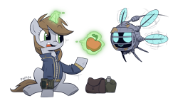 Size: 3800x2200 | Tagged: safe, artist:php104, oc, oc only, oc:littlepip, oc:watcher, pony, unicorn, fallout equestria, apple, food, high res, magic, pipboy, pipbuck, simple background, sitting, spritebot, telekinesis, transparent background