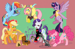 Size: 2965x1968 | Tagged: safe, alternate version, artist:spring_spring, applejack, big macintosh, fluttershy, pinkie pie, rainbow dash, rarity, shining armor, twilight sparkle, alicorn, pony, g4, my little pony best gift ever, armor, bag, burger, christmas, christmas rift, christmas tree, clothes, commission, craft, food, gold, hat, hearth's warming, holiday, horseshoes, implied big macintosh, implied cheese sandwich, implied discord, implied maud pie, implied scootaloo, implied shining armor, implied spike, implied sweetie belle, jacket, mane six, music box, paper bag, party cannon, present, rock, scooter, sculpture, shadow, shining, simple background, singing, tree, twilight sparkle (alicorn)