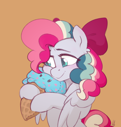 Size: 1648x1728 | Tagged: safe, artist:jewellier, oc, oc only, oc:sky sorbet, pegasus, pony, bow, female, food, hair bow, ice cream, ice cream cone, mare, pegasus oc, plushie, requested art, simple background, solo