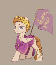Size: 1544x1788 | Tagged: safe, artist:jewellier, oc, oc only, pegasus, pony, braid, clothes, female, flag, flag pole, gold, jewelry, laurel wreath, mare, pegasus oc, requested art, roman, simple background, solo, toga