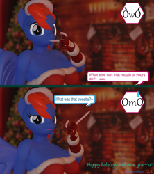 Size: 2560x2885 | Tagged: safe, artist:kamimation, oc, oc:kam pastel, pegasus, anthro, 2 panel comic, 3d, blender, breasts, candy, candy cane, christmas, comic, food, high res, holiday, looking at you, offscreen character, smug, solo, speech bubble, sucking, text, watermark