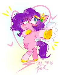 Size: 1080x1350 | Tagged: safe, artist:jully-park, pipp petals, pegasus, pony, g5, adorapipp, bipedal, blushing, cute, digital art, eye clipping through hair, eyebrows, eyebrows visible through hair, female, hoof heart, mare, simple background, smiling, solo, spread wings, underhoof, walking, white background, wings