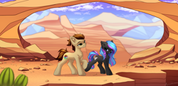 Size: 3408x1644 | Tagged: safe, artist:airiniblock, oc, oc only, oc:neighrator pony, oc:obabscribbler, pony, rcf community, arch, cactus, desert, duo, female, high res, male, rock, scribblerator, shipping, straight