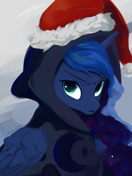 Size: 1800x2388 | Tagged: safe, artist:some_ponu, princess luna, spirit of hearth's warming yet to come, alicorn, pony, g4, christmas, clothes, cute, frown, hat, holiday, hoodie, looking at you, santa hat, solo, unamused