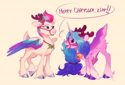 Size: 3428x2328 | Tagged: safe, artist:imalou, izzy moonbow, zipp storm, deer, deer pony, original species, pegasus, peryton, reindeer, unicorn, g5, bell, bell collar, bridle, chest fluff, christmas, cloven hooves, collar, deerified, dialogue, happy, harness, holiday, reindeerified, smiling, species swap, spread wings, tack, unshorn fetlocks, wings