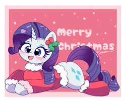 Size: 2048x1644 | Tagged: safe, artist:leo19969525, rarity, pony, unicorn, g4, blue eyes, blushing, christmas, christmas clothing, cute, ears, ears up, female, hair, holiday, holly, horn, lying down, mane, mare, open mouth, open smile, prone, raribetes, smiling, solo, sploot, tail, text